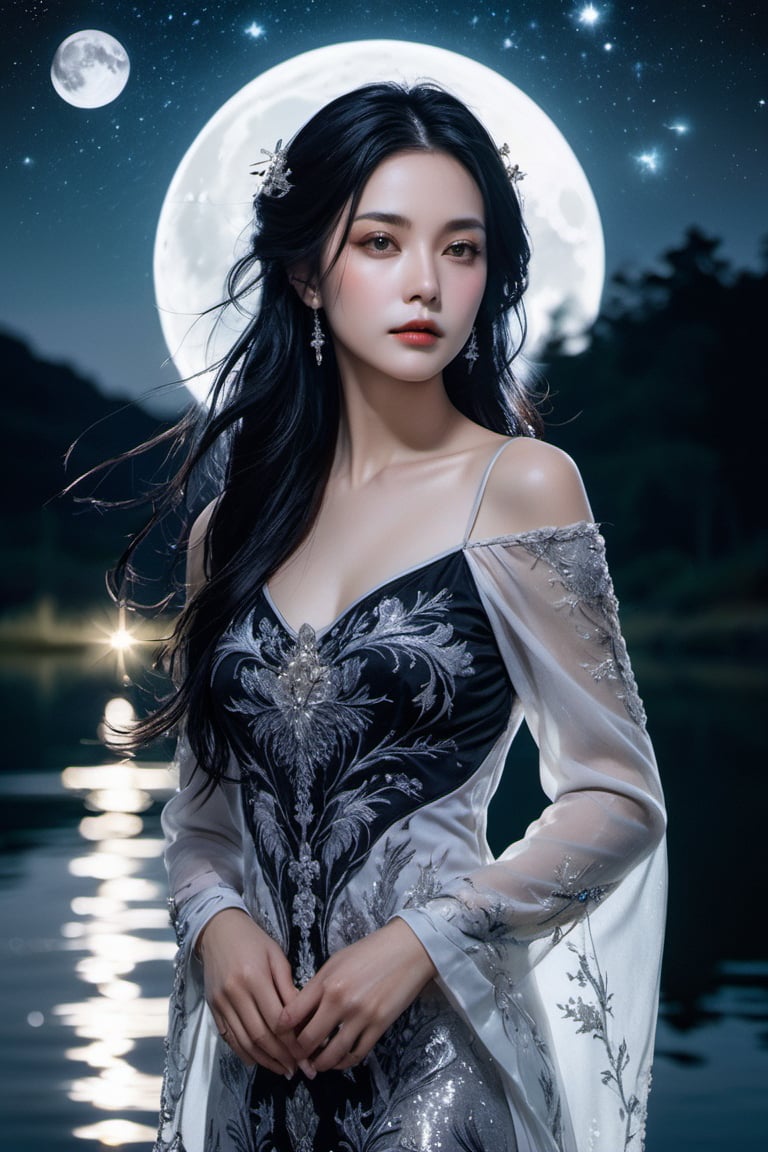 xxmix_girl, detailed eyes, a woman with raven-black hair that cascades in soft waves, wearing a shimmering silver gown with intricate embroidery. She stands at the edge of a tranquil lake, the water mirroring the pale moon and twinkling stars overhead.
