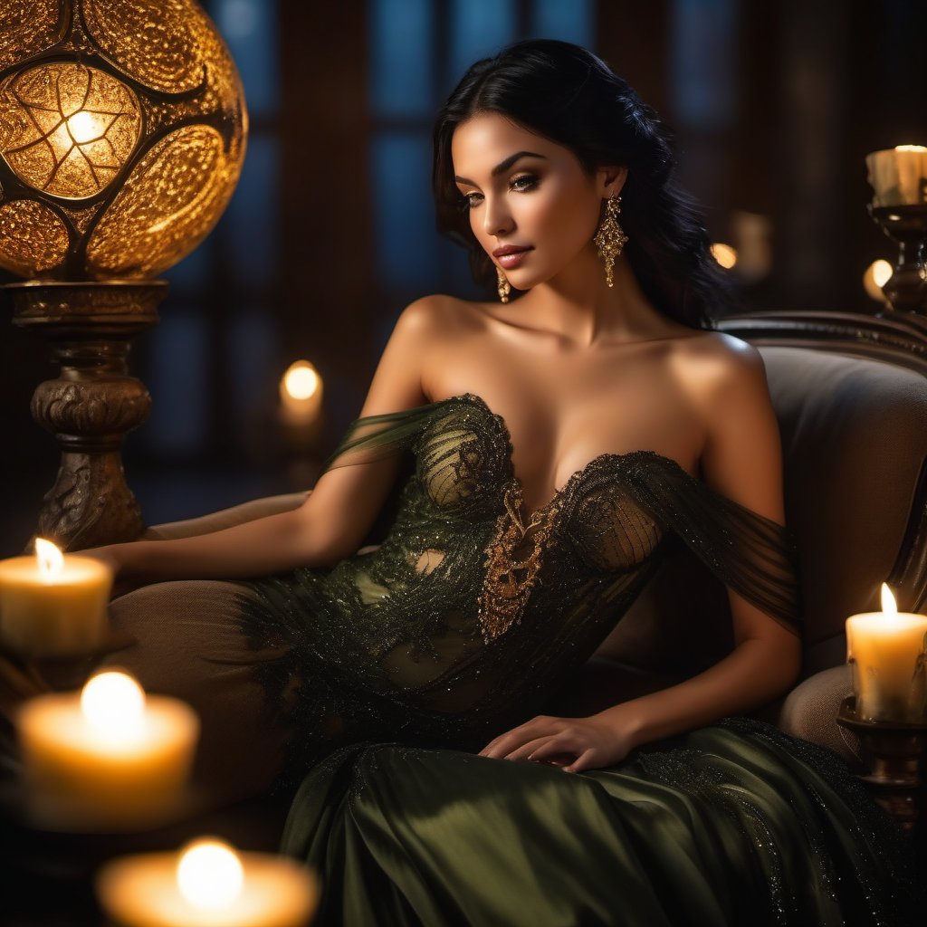 Highest Quality, 4k, masterpiece, Amazing Details:1.1, enigmatic and sensual enchantress, flawless olive skin, smoldering amber eyes, raven-black hair cascading over bare shoulders, wearing a diaphanous gown that dances with shadows and moonlight, Shallow Depth of Field, E671, lens 50mm f/2.0, cradling a mysterious glowing orb, photorealistic, RAW Photo, seductive and knowing smile, reclining on a luxurious chaise lounge, surrounded by candles and mystical symbols, intoxicating and magical boudoir ambiance
