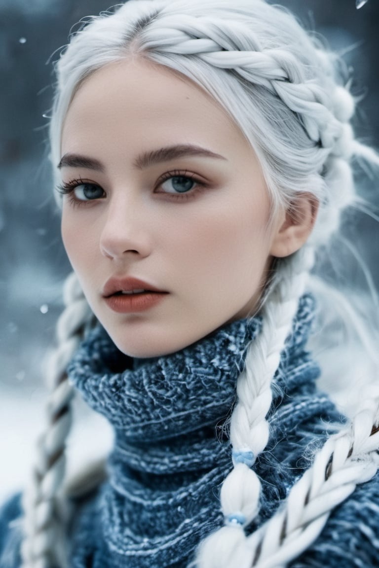 Arctic explorer woman, frostbitten skin, icicle-white braided hair. Eyes, glacial blue depths, witnessing polar mysteries. Lips, chilled berry, narrating tales of the cold. xxmix_girl, detailed eyes