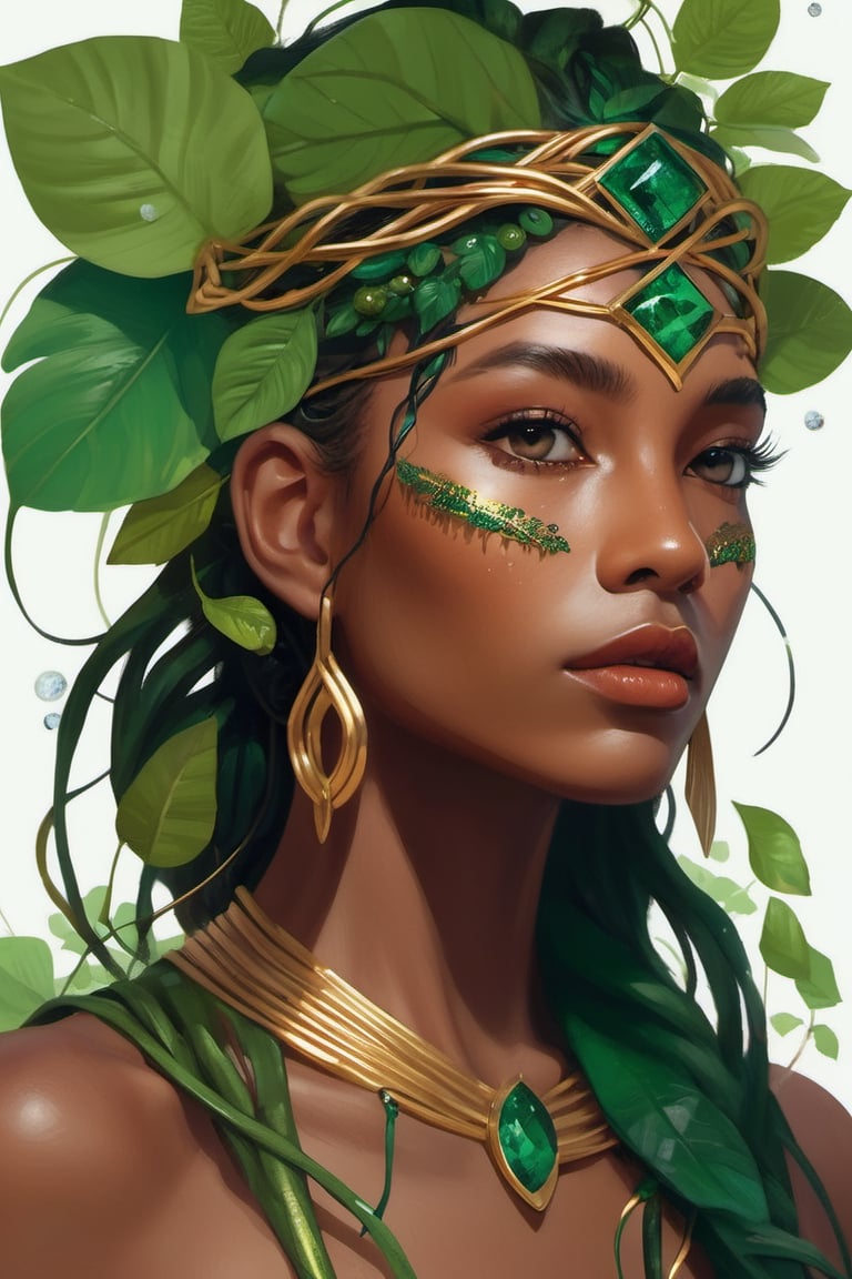 Rainforest guardian woman, earthy brown skin, emerald and gold intertwined hair. Eyes, jungle green, guarding nature's secrets. Leafy headband, lips, ripe berry, singing rain songs. Wooden staff wrapped in vines, xxmix_girl, detailed eyes