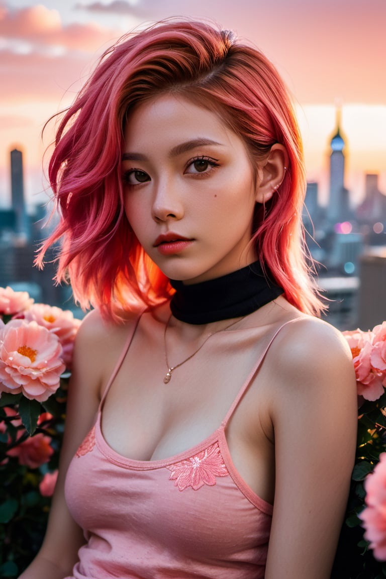 xxmix_girl, detailed eyes, coral-pink hair, a woman lounges amidst blooming flowers with the city skyline behind her. The urban lights begin to glow, complementing her coral-pink hair. Her eyes, deep and thoughtful, absorb the juxtaposition of nature and urban sprawl.




