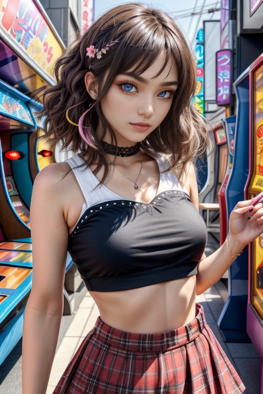 Soft brown hair decorated with tiny pastel-colored hairpins, deep hazel eyes, and artistic eyeshadow. Wearing a bohemian skirt and a trendy crop top. In a Japanese arcade, completely focused on a rhythm game, sexy