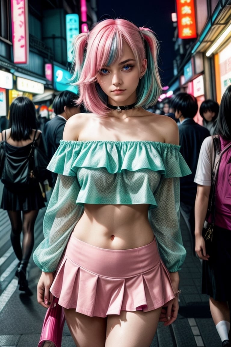A seductive anime girl with bubblegum pink hair and aqua eyes, wearing a frilly, off-shoulder top and miniskirt. She's in a bustling Tokyo street with neon signs illuminating the night.
