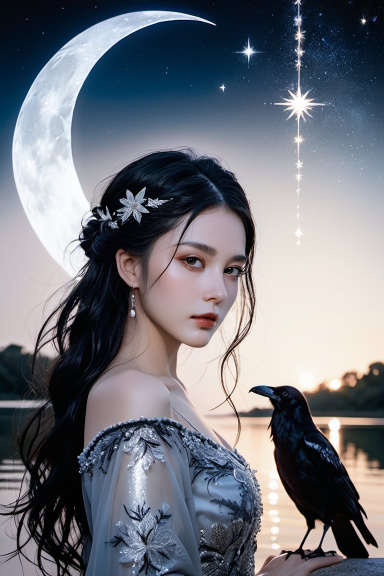 xxmix_girl, detailed eyes, a woman with raven-black hair that cascades in soft waves, wearing a shimmering silver gown with intricate embroidery. She stands at the edge of a tranquil lake, the water mirroring the pale moon and twinkling stars overhead.
