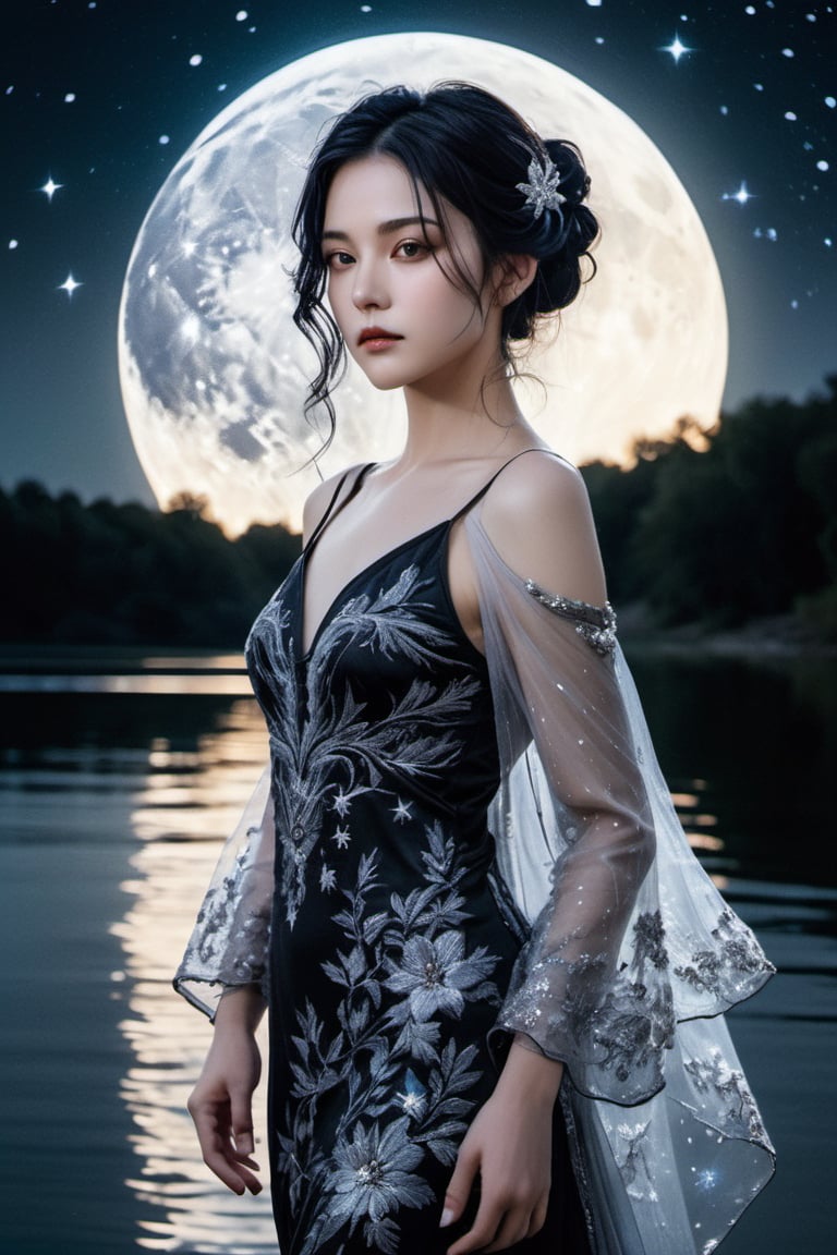 xxmix_girl, detailed eyes, a woman with raven-black hair that cascades in soft waves, wearing a shimmering silver gown with intricate embroidery. She stands at the edge of a tranquil lake, the water mirroring the pale moon and twinkling stars overhead.
