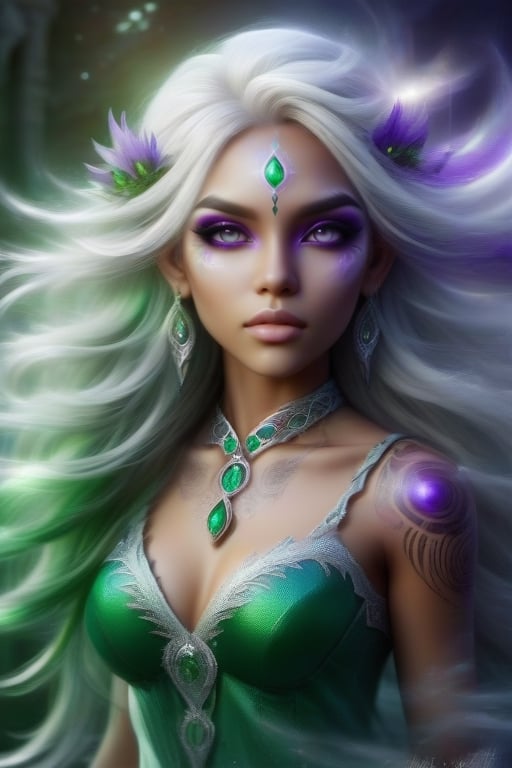 eye is purple and irradescent iris. tribal tattoo following a perfect circle path on the skin around the eye. white of the eye is black. beautiful girl. sexy girl. mocha skin. Platinum blonde hair. har long. hair teased. intricate and exotic braids. plesant smile. sleeveless green gown with emeralds on its borders. Show full body. Show legs. Background is a wonderful temple by the ocean.,DonMB4nsh33XL 