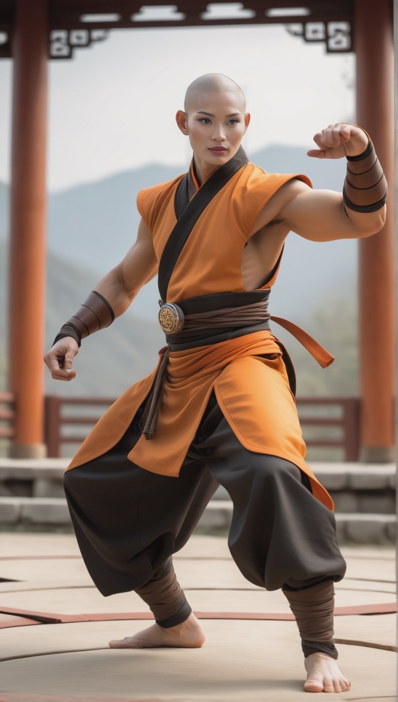 Illustration of a steampunk monk in a beautiful training ring, standing in an open arena, , ancient asian training ground background. Surreal warforged Art Style, Shaolin monk,best quality. smooth, lithe form. Chinese shade headgear. bo staff. orange and white shaolin monk garb with one sleeve. thin and agile body. simple, smooth head. loose, black pants that are tight at the ankle. Shaolin fighting pose. long loin cloth touching the ground. large Mortal Kombat Raiden hat.,best quality, skin is wood. face is metal. center cloth drapes down to the ankles. monkey motif helmet