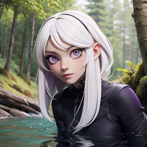 white and black_hair, purple_eyes , forest river background, black dress, bare_shoulder, face tatoo 