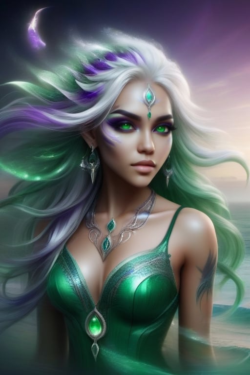 eye is purple and irradescent iris. tribal tattoo following a perfect circle path on the skin around the eye. white of the eye is black. beautiful girl. sexy girl. mocha skin. Platinum blonde hair. har long. hair teased. intricate and exotic braids. plesant smile. sleeveless green gown with emeralds on its borders. Show full body. Show legs. Background is a wonderful temple by the ocean.,DonMB4nsh33XL 