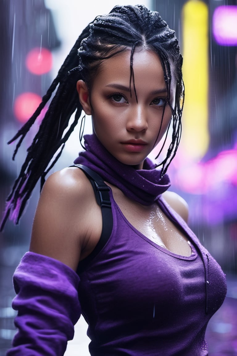 woman ninja, brown skin, african-asian, black and purple dreadlocks. 25 years old. Eyes, purple_eyes, serious and caring face, cute. Perfect lips, in the rain, wet skin. sword on her back, xxmix_girl, detailed eyes, pretty face, wide nose, slim eyes, athletic body, waist up image, cinematic lighting from behind, purple neon dust, purple neon glow, black ninja clothes with some purple in it. futuristic outfit, long purple neck scarf, face covering, dynamic pose, action, from below