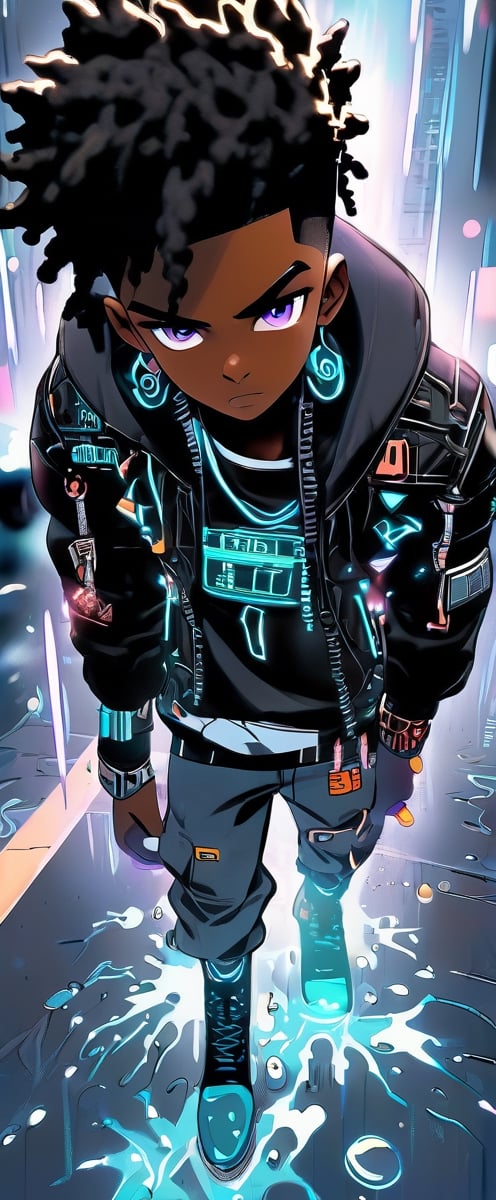 A black boy, 22 years old, rain, puddles, cyberpunk, 32k, highly detailed, sci fi, abstract