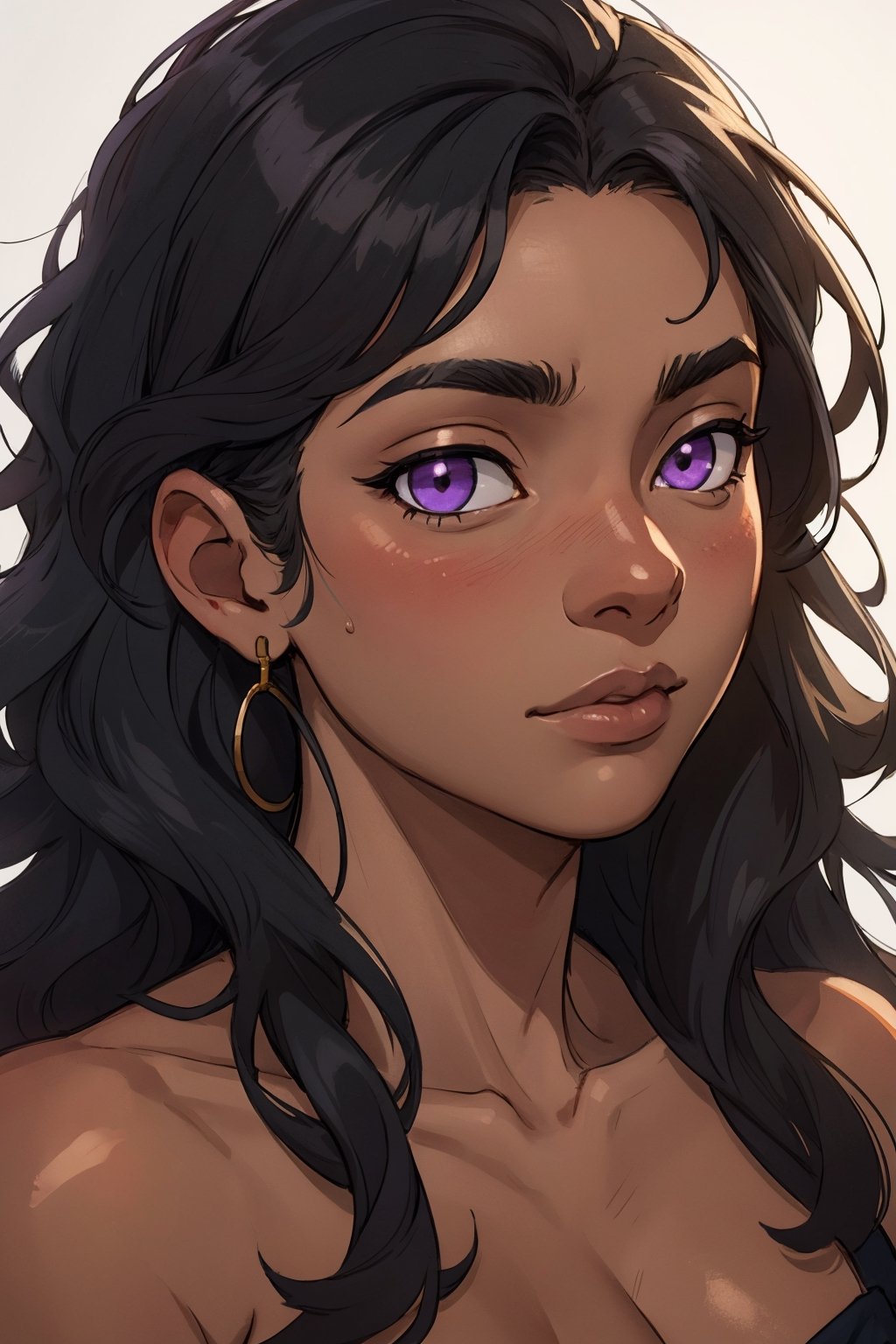 Masterpiece, best quality, official art, artstation, Best artist, 1girl, posing for photos, blank background, black girl, african american, dark skinned,
Soft lighting, extremely detailed, long wavy hair, ((black hair)), purple eyes, extreme close up