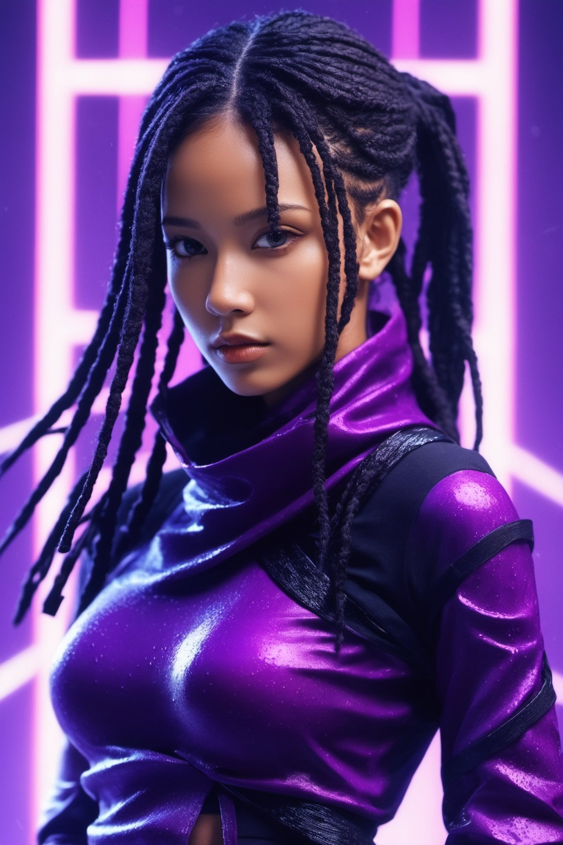 woman ninja, brown skin, african-asian, long black and purple dreadlocks. 25 years old. Eyes, purple_eyes, serious and caring face, cute. Perfect lips, in the rain, wet skin. sword, xxmix_girl, detailed eyes, pretty face, wide nose, slim eyes, athletic body, toned body, medium breast, waist up image, cinematic lighting from behind, purple neon dust, purple neon glow, black ninja clothes with purple accent. futuristic hi-tech outfit, long purple neck scarf, dynamic pose, action, from below