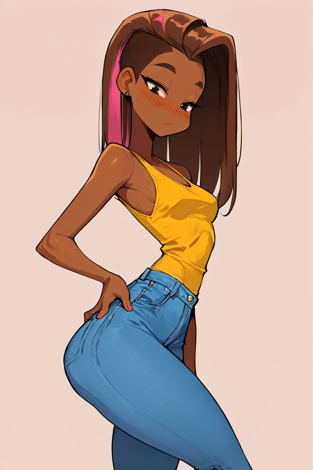 Prompt: score_9, source_comic, score_8_up, score_7_up, 1girl (brown skin), jeans, tank top, long brown hair with pink highlights, simple background, slender physique, thick thighs, slim eyes, eyelashes, blush, intricate details, thigh up image,