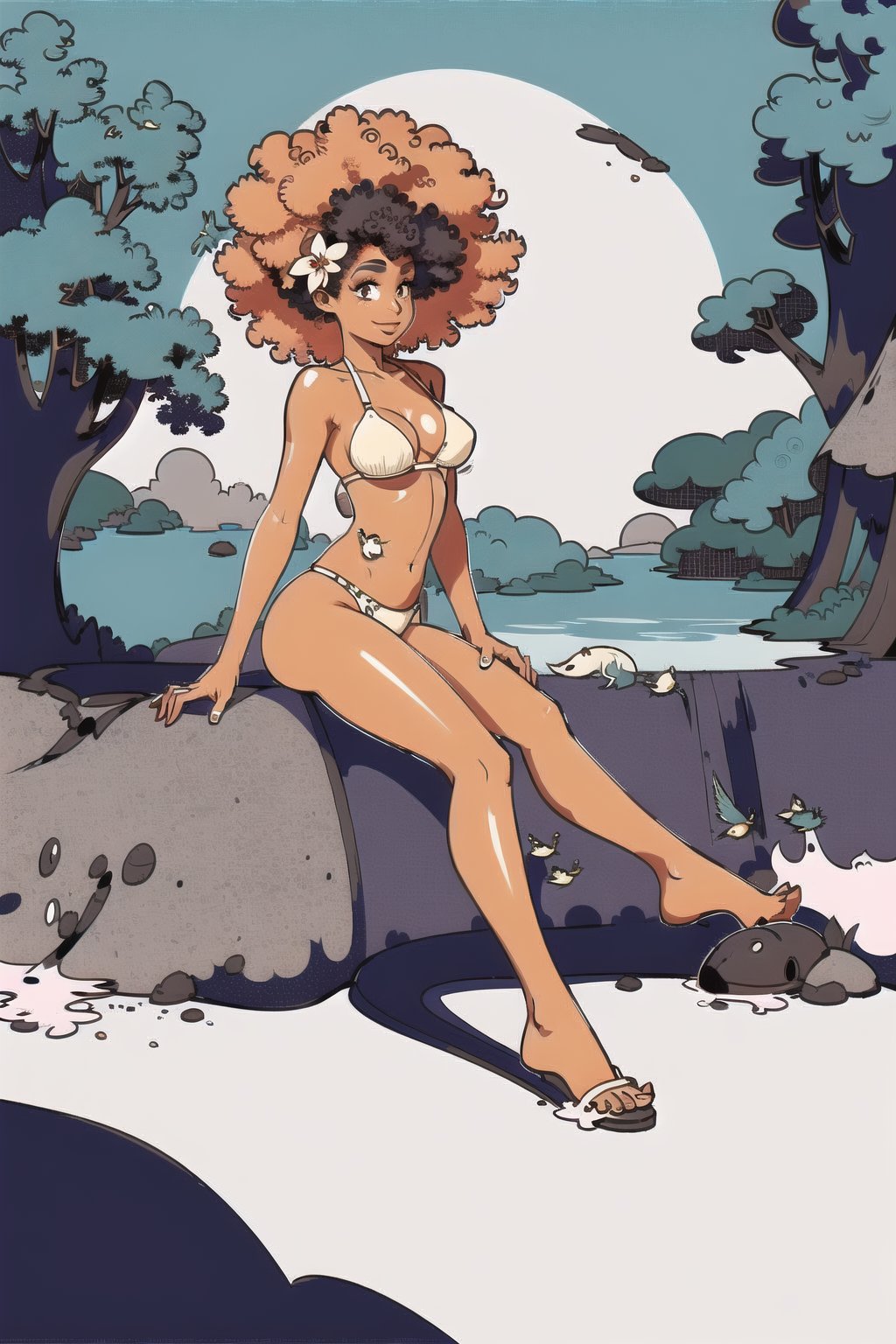 1girl, (((afro.1.3))), black skin:1.3, light brown skin:1.4, skirt, white_bikini_top, barefeet, jungle, happy, birds, water, splash, plants, foliage, vegetation, agawa, soft_orange hair color, slender, toned legs, hourglass_figure, shiny skin, 22 years old