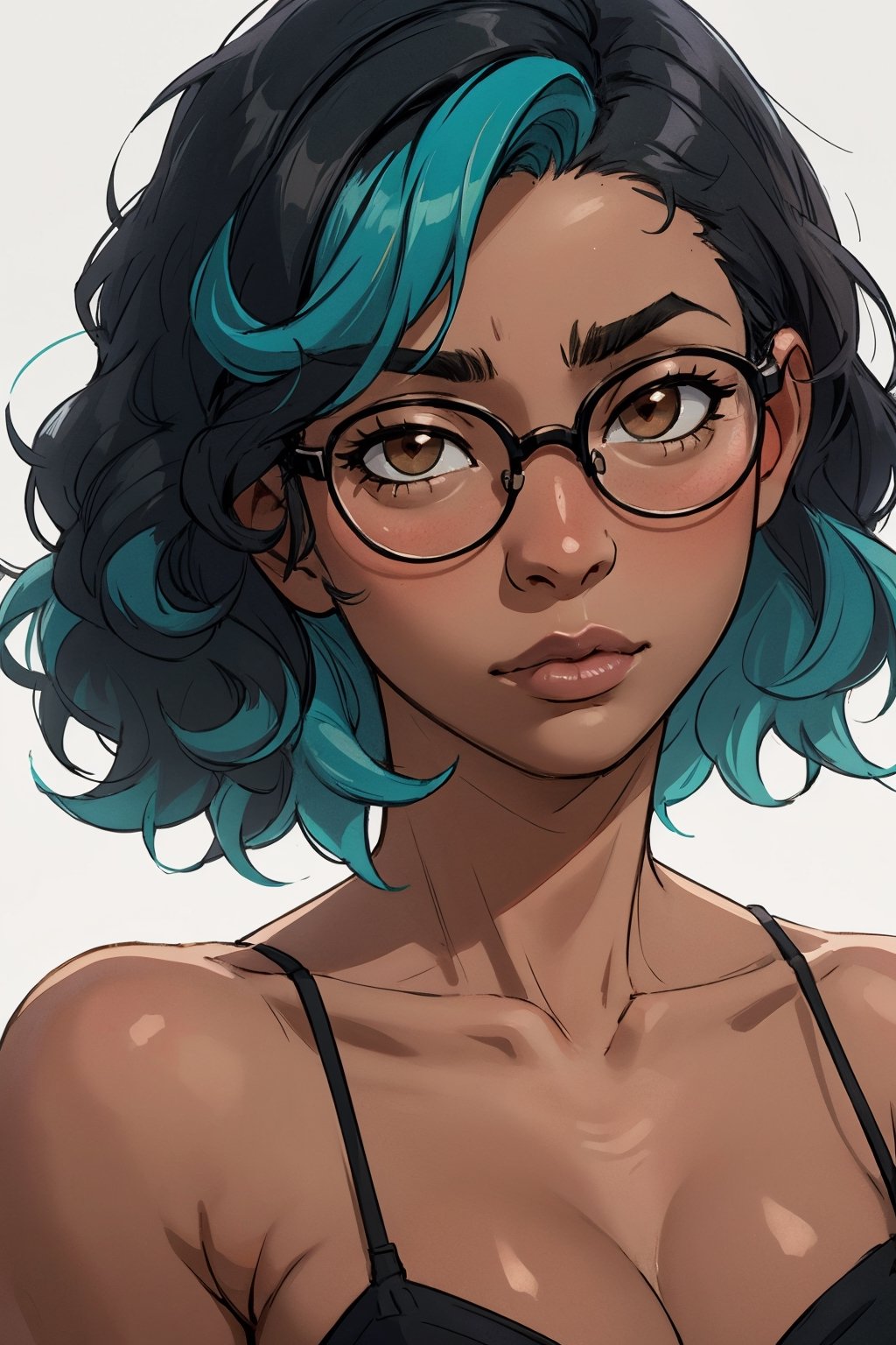 Masterpiece, best quality, official art, artstation, Best artist, 1girl, posing for photos, blank background, black girl, african american, dark skinned, narrow face
Soft lighting, extremely detailed, short straight hair, ((aqua hair)), ((black hair)), wavy hair, glasses, brown eyes, extreme close up, social media post, hearts, side-eye