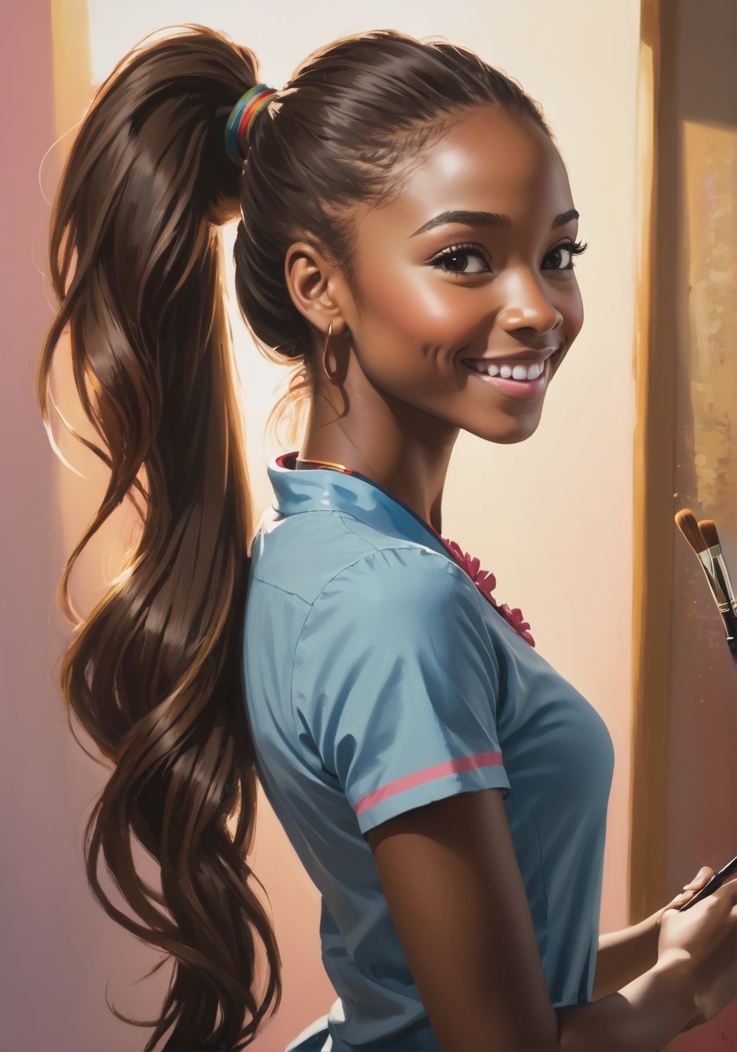 very intricate painting, visible brush strokes, nice lighting from behind, beautiful, african american girl, long_ponytail, blush, 28 year old, portrait, light smile