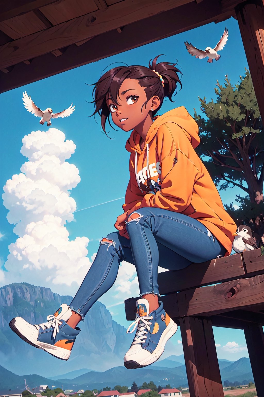 1 brown girl, african american, sitting and watching the clouds above her, view from below, wearing colorful hoodie and ripped skinny jeans with hi-top shoes. beautiful scenery, digital details,  anime style, cute, cartoon style, playful, magic particles, friendly, chibi, 4k quality, digital, beauty, toned athletic body, cinematic, (magazine cover, english-text1.3), comic book cover, birds in the sky, country scene, peace and calmness