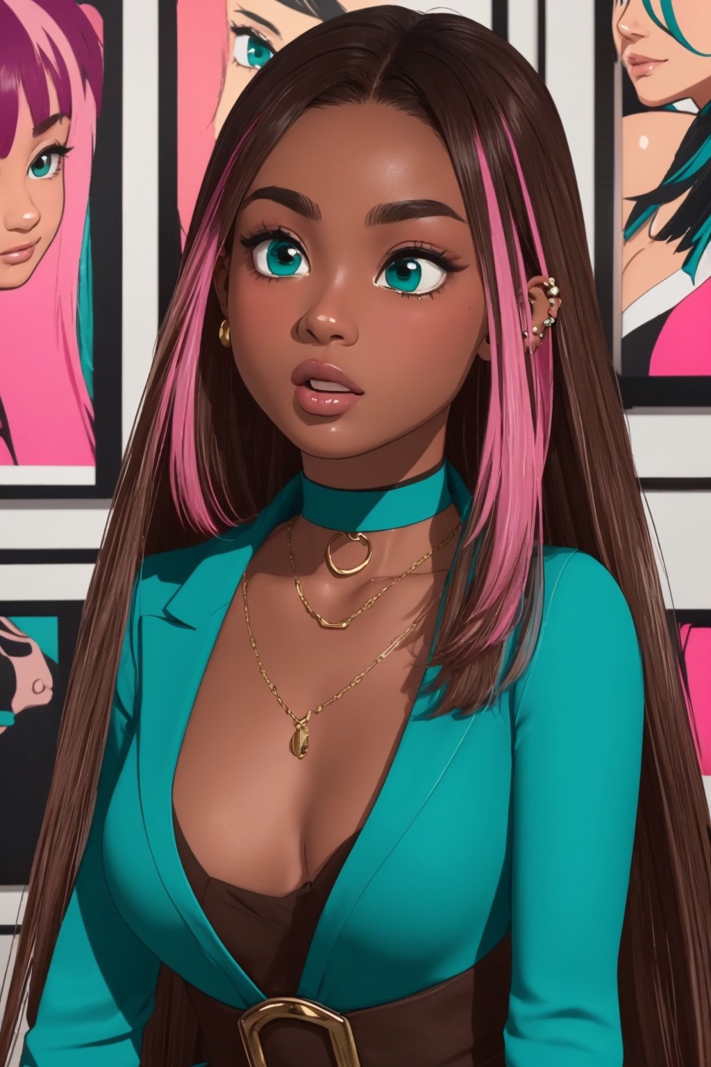 1girl (((brown skin))), african american, brown eyes, looking at viewer, eye contact, long length hair, straight hair, black hair, blush, slender, 28 years old, (((teal))) dress, brown skin, loose hair, hair out, choker necklace, standing, same height as viewer, cute facial expression, grown woman, striaght forward, mouth open, eyes open, gasp, girl's room, room with posters and trinkets, ear piercings, narrow face, middle part, hour glass figure

extreme closeup shot, Cartoon, 3d, agawa, 1girl, censored, pink hair highlights, pink IncursioDipDyedHair,n64style,realism