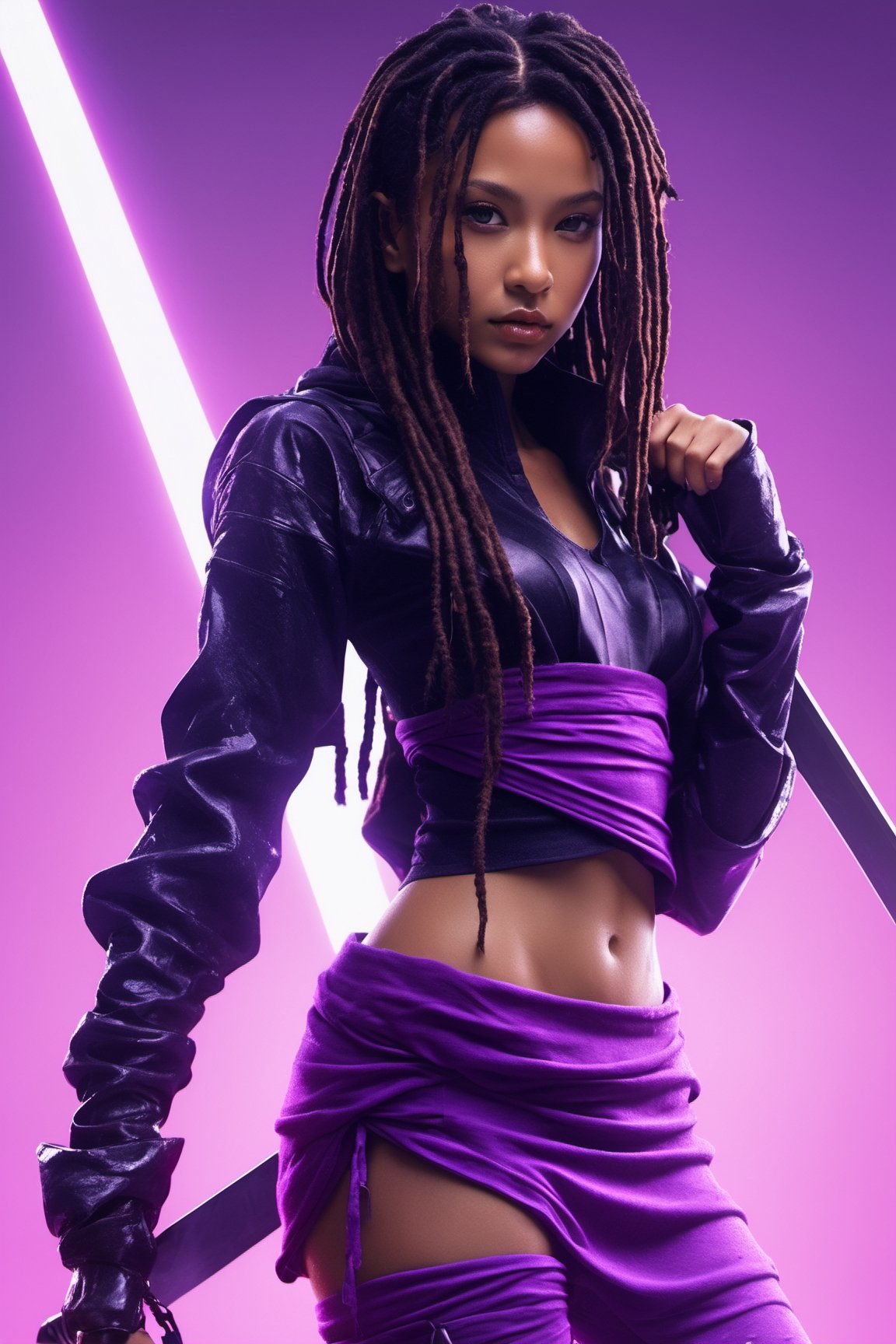 woman ninja, brown skin, african-asian, long black and purple dreadlocks. 25 years old. Eyes, purple_eyes, serious and caring face, cute. Perfect lips, in the rain, wet skin. sword, xxmix_girl, detailed eyes, pretty face, wide nose, slim eyes, athletic body, toned body, medium breast, waist up image, cinematic lighting from behind, purple neon dust, purple neon glow, black ninja clothes with purple accent. futuristic hi-tech outfit, long purple neck scarf, dynamic pose, action, from below