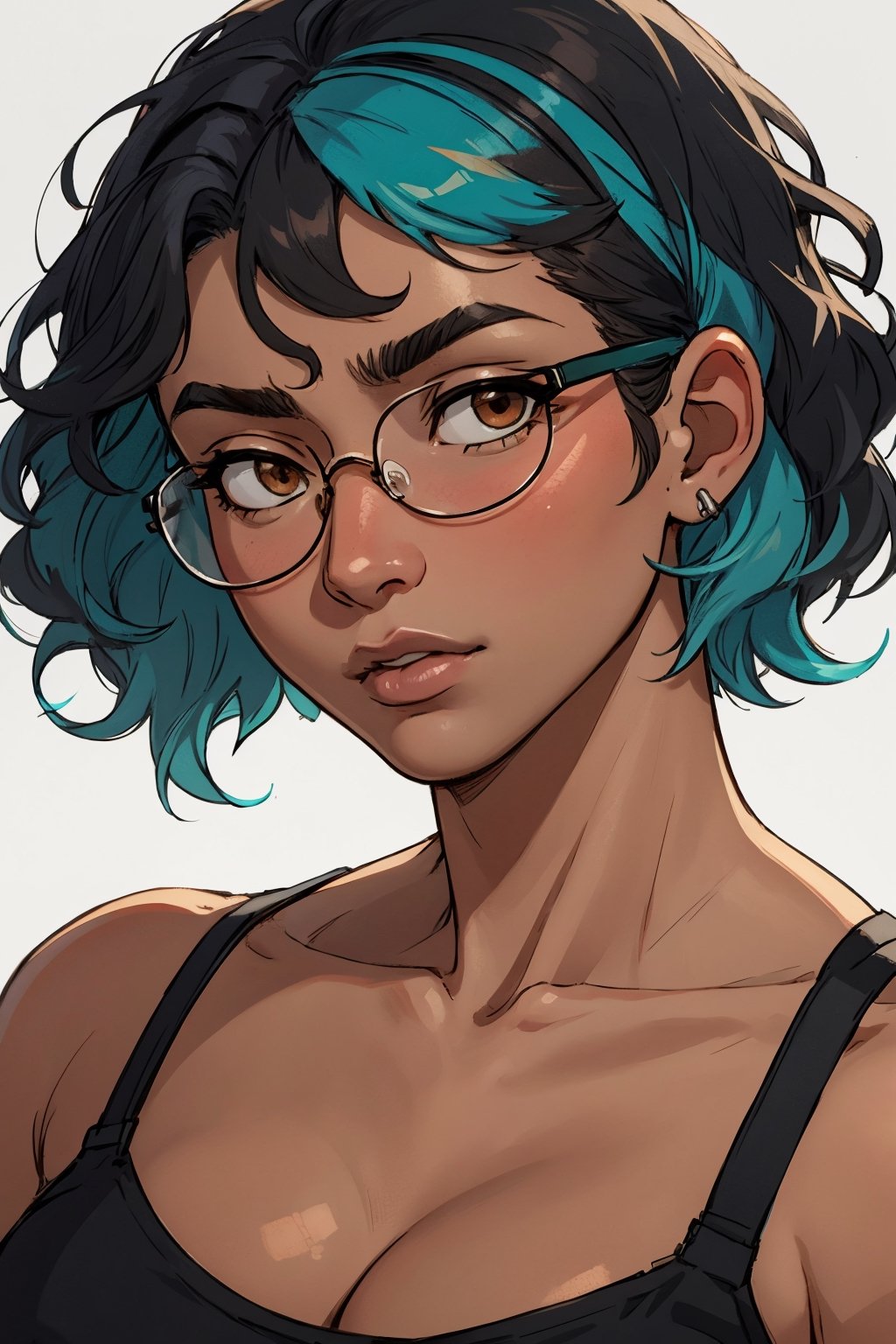 Masterpiece, best quality, official art, artstation, Best artist, 1girl, posing for photos, blank background, black girl, african american, dark skinned,
Soft lighting, extremely detailed, short straight hair, ((aqua hair)), ((black hair)), wavy hair, glasses, brown eyes, extreme close up