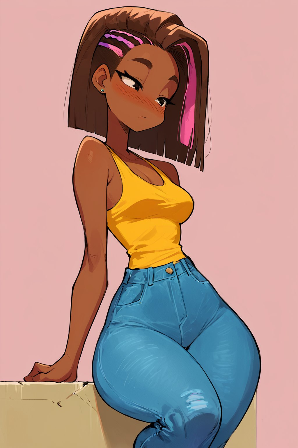 Prompt: score_9, source_comic, score_8_up, score_7_up, 1girl (brown skin), jeans, tank top, long brown hair with pink highlights, simple background, slender physique, thick thighs, slim eyes, eyelashes, blush, intricate details, thigh up image,