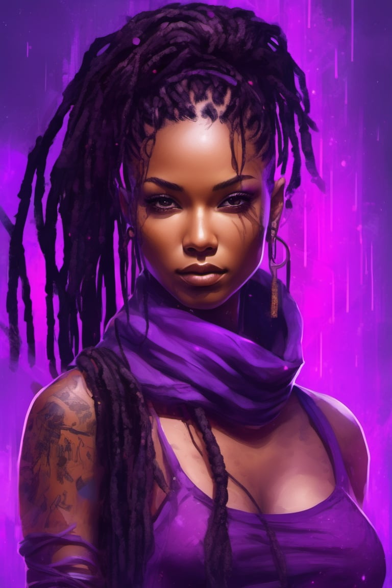 illustration, paint on old parchment paper, woman ninja, brown skin, african-asian, long black and purple dreadlocks. 25 years old. Eyes, purple_eyes, serious and caring face, cute. Perfect lips, in the rain, wet skin. sword, xxmix_girl, detailed eyes, pretty face, wide nose, slim eyes, athletic body, toned body, nice legs, toned legs, medium breast, full body, cinematic lighting from behind, purple neon dust, purple neon glow, black ninja clothes with purple accent. futuristic hi-tech outfit, long purple neck scarf, dynamic pose, action, from below,ink scenery, black and purple colors only, pen and brush stroke, action_lines, motion_lines