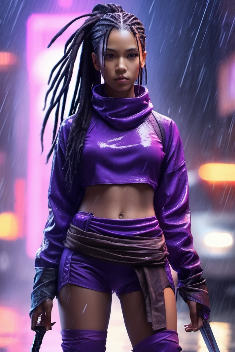 woman ninja, earthy brown skin, african-asian, black and purple dreadlocks. Eyes, purple_eyes, serious and caring face, cute. Perfect lips, in the rain, wet skin. sword on her back, xxmix_girl, detailed eyes, pretty face, wide nose, slim eyes, athletic body, waist up image, cinematic lighting from behind, purple neon dust, purple neon glow