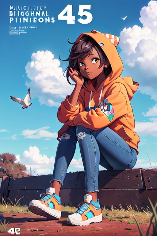 1 brown girl, african american, sitting and watching the clouds above her, view from below, wearing colorful hoodie and ripped skinny jeans with hi-top shoes. beautiful scenery, digital details,  anime style, cute, cartoon style, playful, magic particles, friendly, chibi, 4k quality, digital, beauty, toned athletic body, cinematic, (magazine cover, english-text1.3), comic book cover, birds in the sky, country scene, peace and calmness