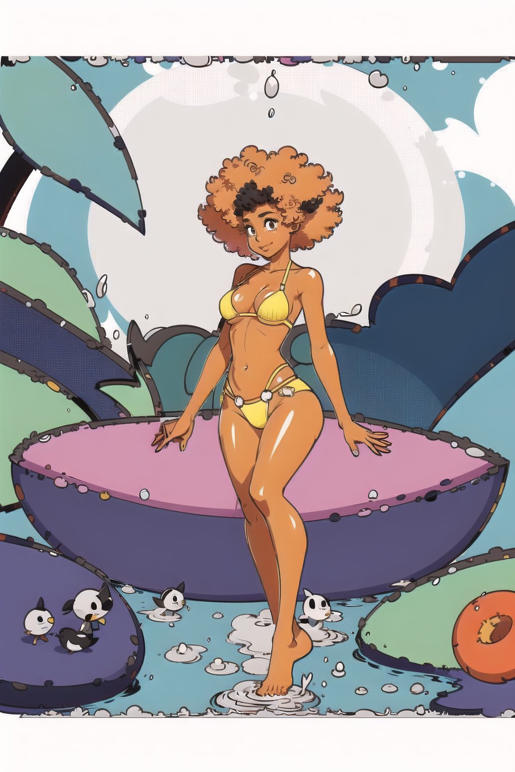 1girl, (((afro.1.3))), black skin:1.3, light brown skin:1.4, skirt, white_bikini_top, barefeet, jungle, happy, birds, water, splash, plants, foliage, vegetation, agawa, soft_orange hair color, slender, toned legs, hourglass_figure, shiny skin, 22 years old