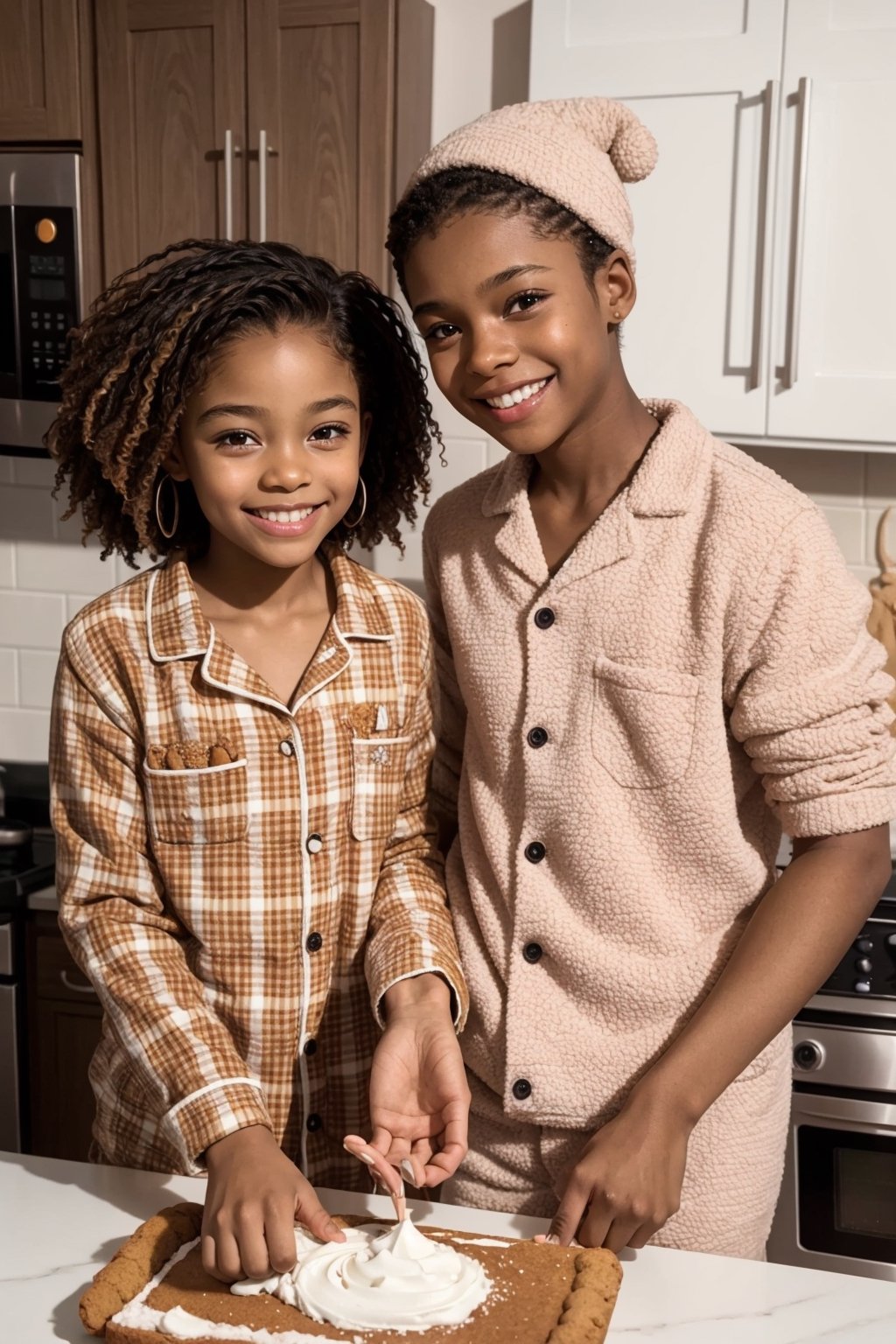 two african american kids, brown_skinned, in kitchen for winter holidays, messy kitchen, making gingerbread house, (best detail), (ultra-detailed), (best quality), happy kids, 14 year old and 7 year old, wearing plaid pajamas, happy, laugh, full lips, perfect skin, clean skin, brown_skinned, dark_skin, gingerbread man, gummy bears, frosting, colorful