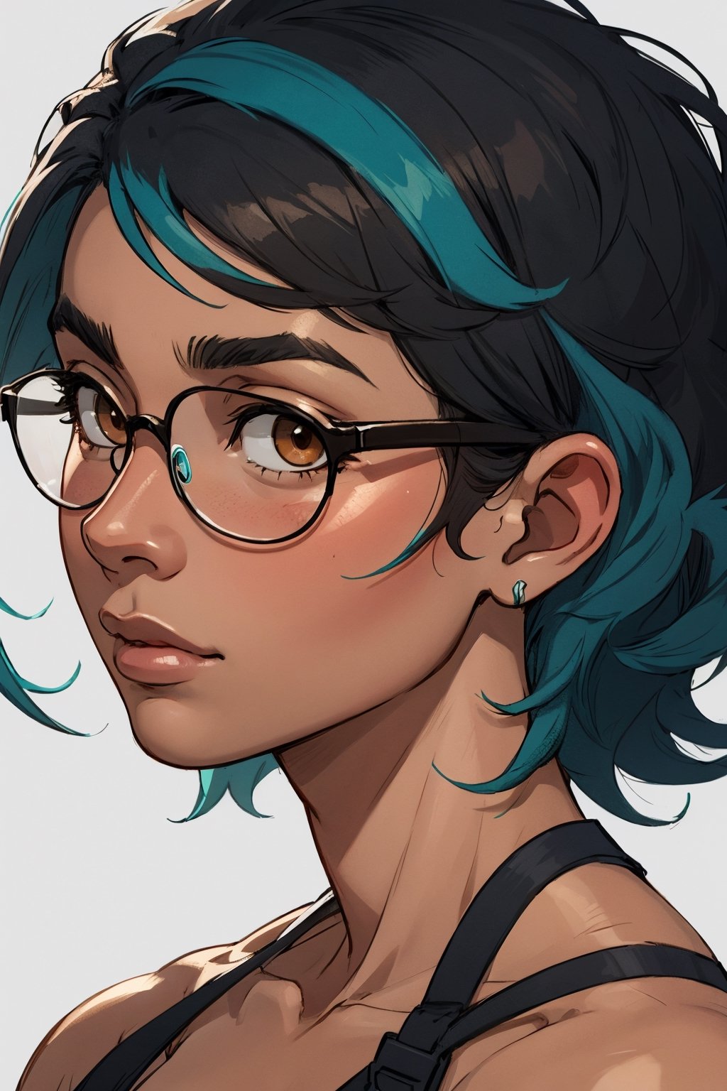 Masterpiece, best quality, official art, artstation, Best artist, 1girl, posing for photos, blank background, black girl, african american, dark skinned,
Soft lighting, extremely detailed, short straight hair, ((aqua hair)), ((black hair)), wavy hair, glasses, brown eyes, extreme close up