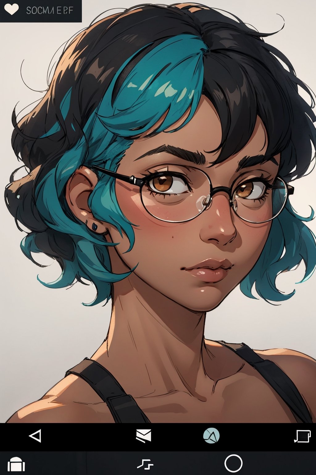 Masterpiece, best quality, official art, artstation, Best artist, 1girl, posing for photos, blank background, black girl, african american, dark skinned, narrow face
Soft lighting, extremely detailed, short straight hair, ((aqua hair)), ((black hair)), wavy hair, glasses, brown eyes, extreme close up, social media post, hearts, side-eye, screenshot