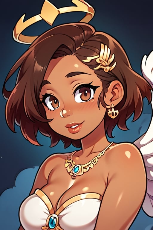 score_9, source_anime, score_8_up, score_7_up, 1girl (dark skin, african american), bright background,  (((brown skin girl))), brown hair, short hair, brown eyes, 25 years old, shy, crown, halo, angel wings, gown, slim eyes, intricate details, solo focus, happy, brave, clouds, dark shiny skin,Masterpiece, lighting,agawa, cute, kawaii, sfw