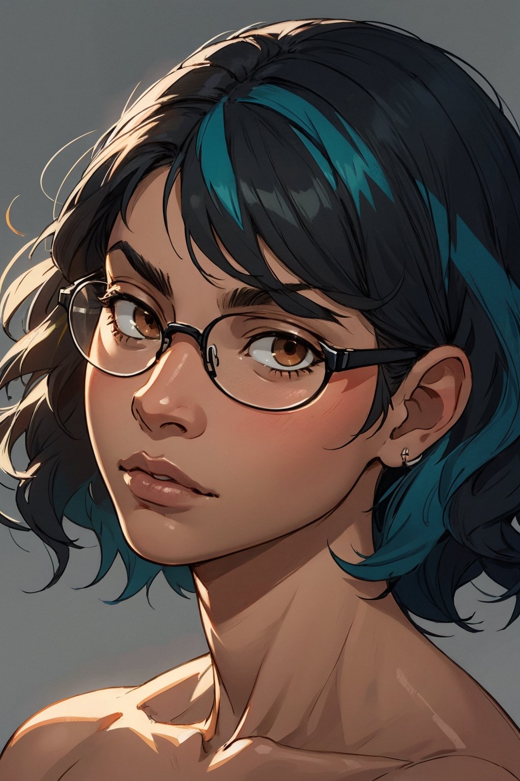 Masterpiece, best quality, official art, artstation, Best artist, 1girl, posing for photos, blank background, black girl, african american, dark skinned, narrow face
Soft lighting, extremely detailed, short straight hair, ((aqua hair)), ((black hair)), wavy hair, glasses, brown eyes, extreme close up