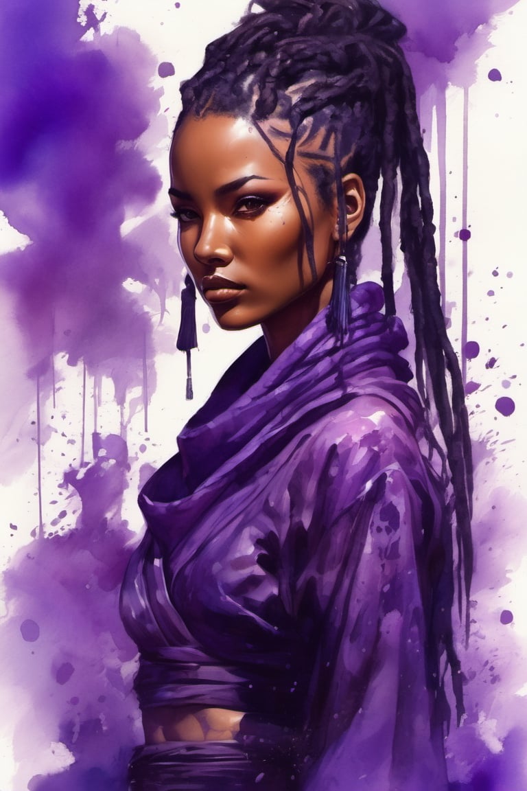 illustration, paint on old parchment paper, woman ninja, brown skin, african-asian, long black and purple dreadlocks. 25 years old. Eyes, purple_eyes, serious and caring face, cute. Perfect lips, in the rain, wet skin. sword, xxmix_girl, detailed eyes, pretty face, wide nose, slim eyes, athletic body, toned body, nice legs, toned legs, medium breast, full body, cinematic lighting from behind, purple neon dust, purple neon glow, black ninja clothes with purple accent. futuristic hi-tech outfit, long purple neck scarf, dynamic pose, action, from below,ink scenery, black and purple colors only, pen and brush stroke, action_lines, motion_lines