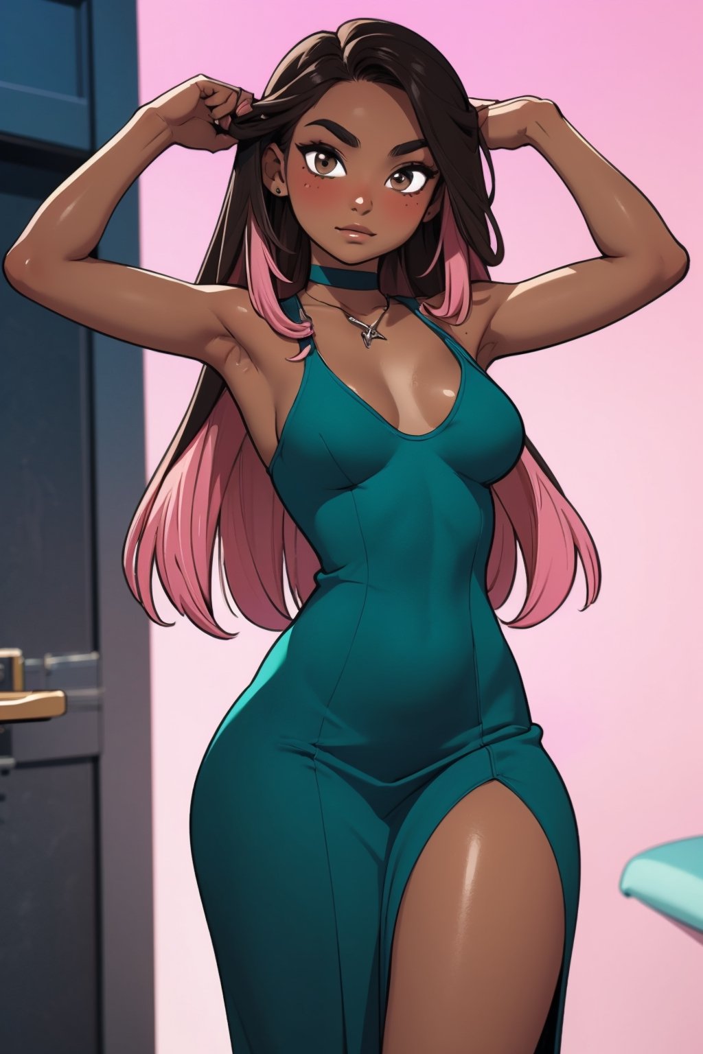 1girl (((brown skin))), african american, brown eyes, looking at viewer, eye contact, long length hair, straight hair, black hair, blush, slender, 20 years old, teal dress, brown skin, slim eyes, loose hair, hair out, stern look, choker necklace, standing, posing

extreme closeup shot, Cartoon, 3d, agawa, 1girl, censored, pink hair ends, pink IncursioDipDyedHair