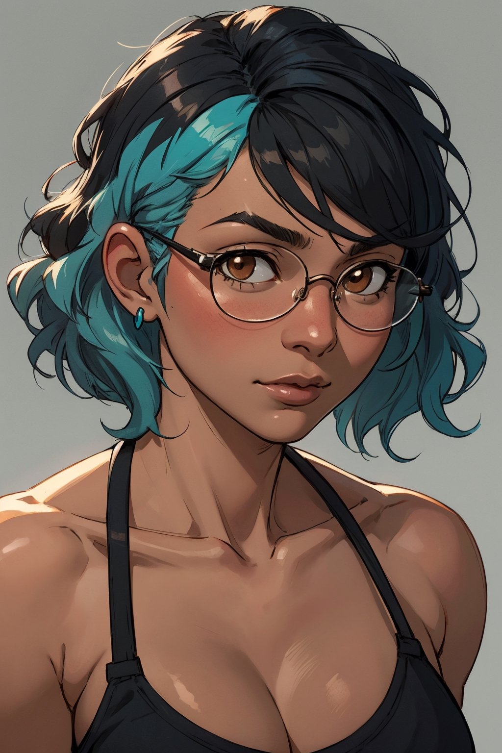 Masterpiece, best quality, official art, artstation, Best artist, 1girl, posing for photos, blank background, black girl, african american, dark skinned,
Soft lighting, extremely detailed, short straight hair, ((aqua hair)), ((black hair)), wavy hair, glasses, brown eyes, extreme close up