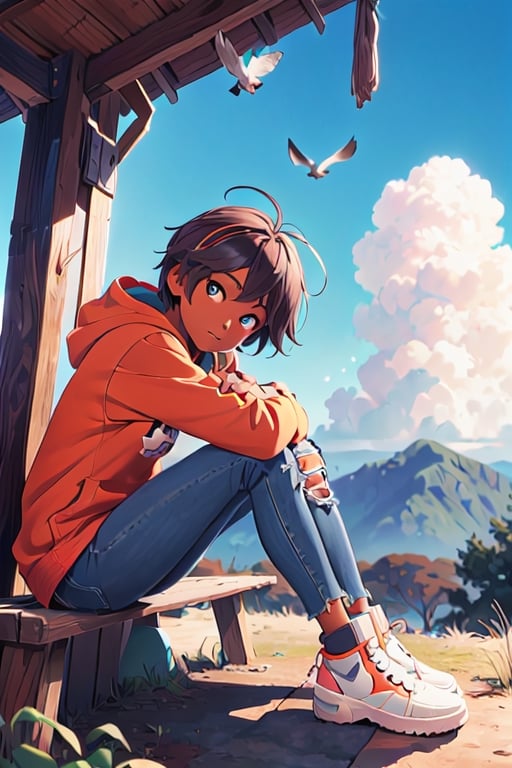 1 brown girl, african american, sitting and watching the clouds above her, view from below, wearing colorful hoodie and ripped skinny jeans with hi-top shoes. beautiful scenery, digital details,  anime style, cute, cartoon style, playful, magic particles, friendly, chibi, 4k quality, digital, beauty, toned athletic body, cinematic, (magazine cover, english-text1.3), comic book cover, birds in the sky, country scene, peace and calmness