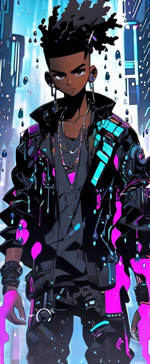 A black boy, 22 years old, rain, puddles, cyberpunk, 32k, highly detailed, sci fi, abstract