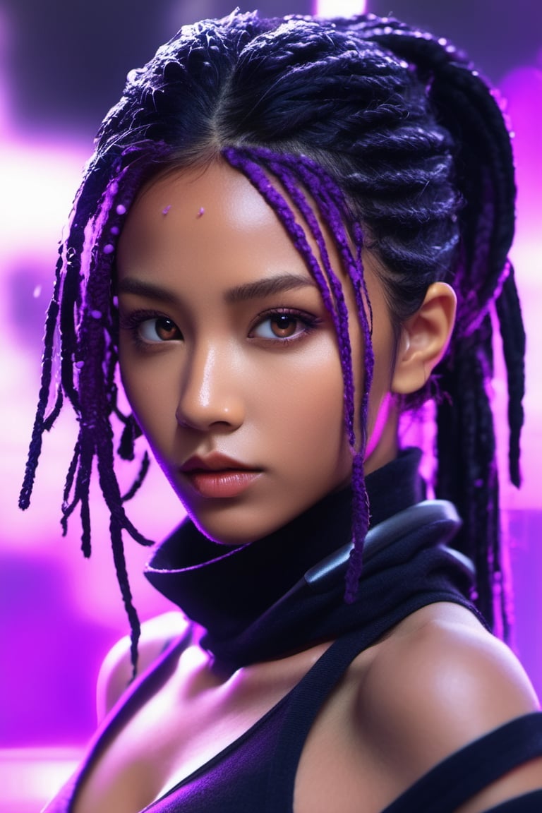 woman ninja, brown skin, african-asian, long black and purple dreadlocks. 25 years old. Eyes, purple_eyes, serious and caring face, cute. Perfect lips, in the rain, wet skin. sword, xxmix_girl, detailed eyes, pretty face, wide nose, slim eyes, athletic body, toned body, medium breast, extreme close up, cinematic lighting from behind, purple neon dust, purple neon glow, black ninja clothes with purple accent. futuristic hi-tech outfit, long purple neck scarf, dynamic pose, action, from below,ink scenery, black and purple colors only, pen and brush stroke, action_lines, motion_lines
