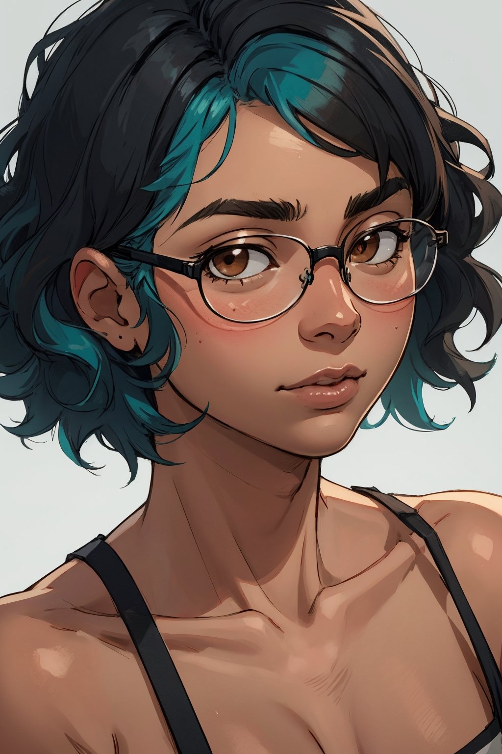 Masterpiece, best quality, official art, artstation, Best artist, 1girl, posing for photos, blank background, black girl, african american, dark skinned, narrow face
Soft lighting, extremely detailed, short straight hair, ((aqua hair)), ((black hair)), wavy hair, glasses, brown eyes, extreme close up