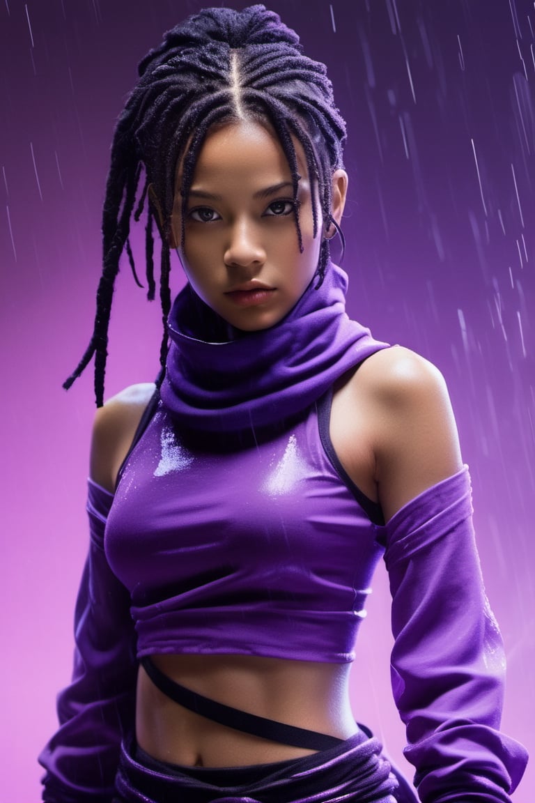 woman ninja, brown skin, african-asian, black and purple dreadlocks. Eyes, purple_eyes, serious and caring face, cute. Perfect lips, in the rain, wet skin. sword on her back, xxmix_girl, detailed eyes, pretty face, wide nose, slim eyes, athletic body, waist up image, cinematic lighting from behind, purple neon dust, purple neon glow, black ninja clothes with some purple in it. futuristic outfit, long purple neck scarf, face covering