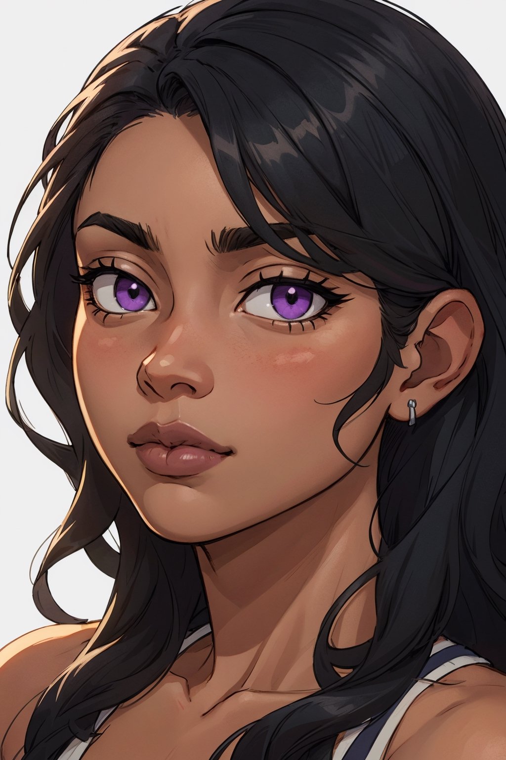 Masterpiece, best quality, official art, artstation, Best artist, 1girl, posing for photos, blank background, black girl, african american, dark skinned,
Soft lighting, extremely detailed, long wavy hair, ((black hair)), purple eyes, extreme close up, big lips, vixen eyes