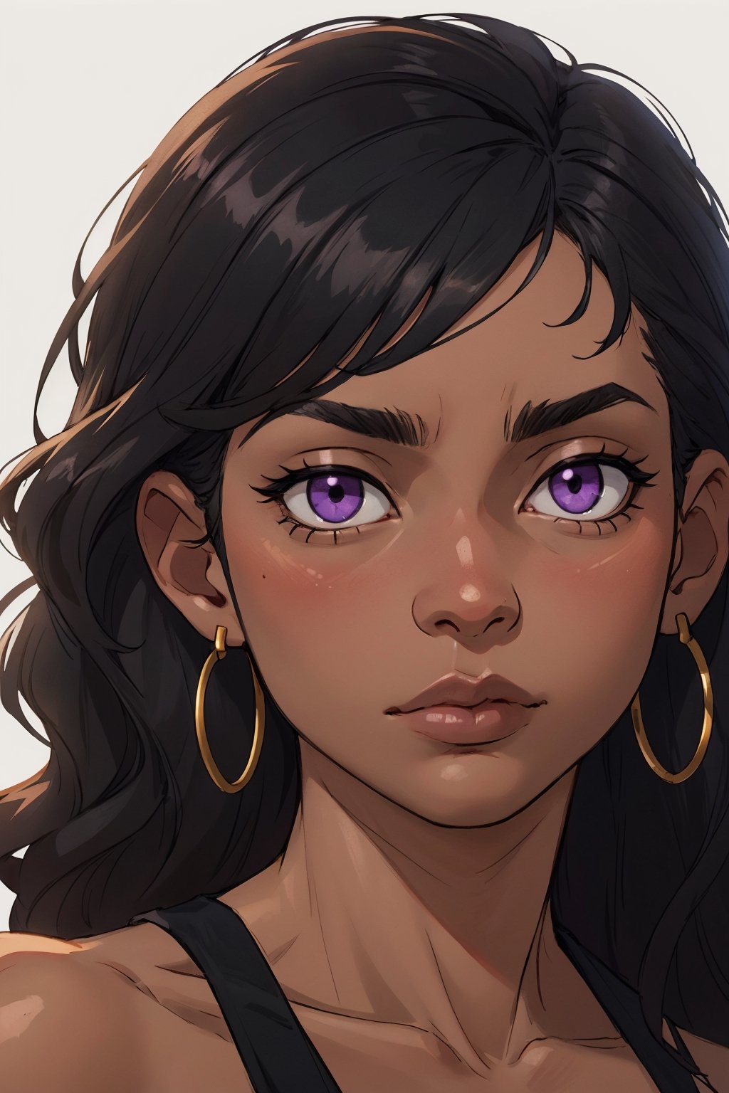 Masterpiece, best quality, official art, artstation, Best artist, 1girl, posing for photos, blank background, black girl, african american, dark skinned,
Soft lighting, extremely detailed, long wavy hair, ((black hair)), purple eyes, extreme close up