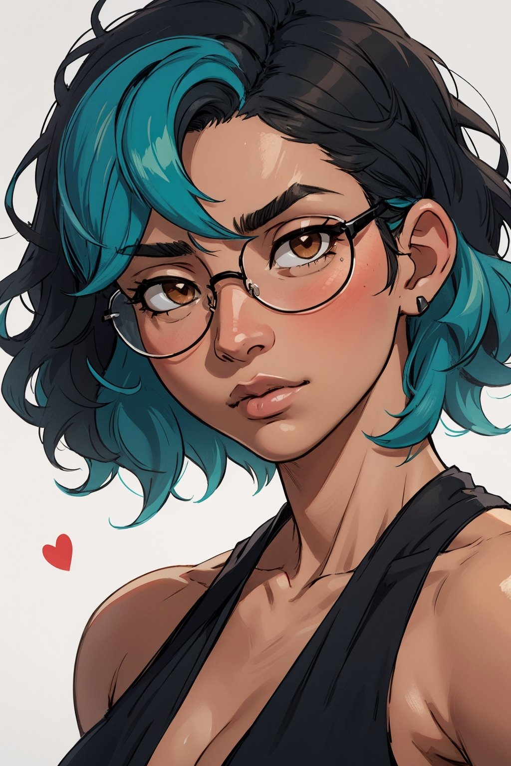 Masterpiece, best quality, official art, artstation, Best artist, 1girl, posing for photos, blank background, black girl, african american, dark skinned, narrow face
Soft lighting, extremely detailed, short straight hair, ((aqua hair)), ((black hair)), wavy hair, glasses, brown eyes, extreme close up, social media post, hearts, side-eye