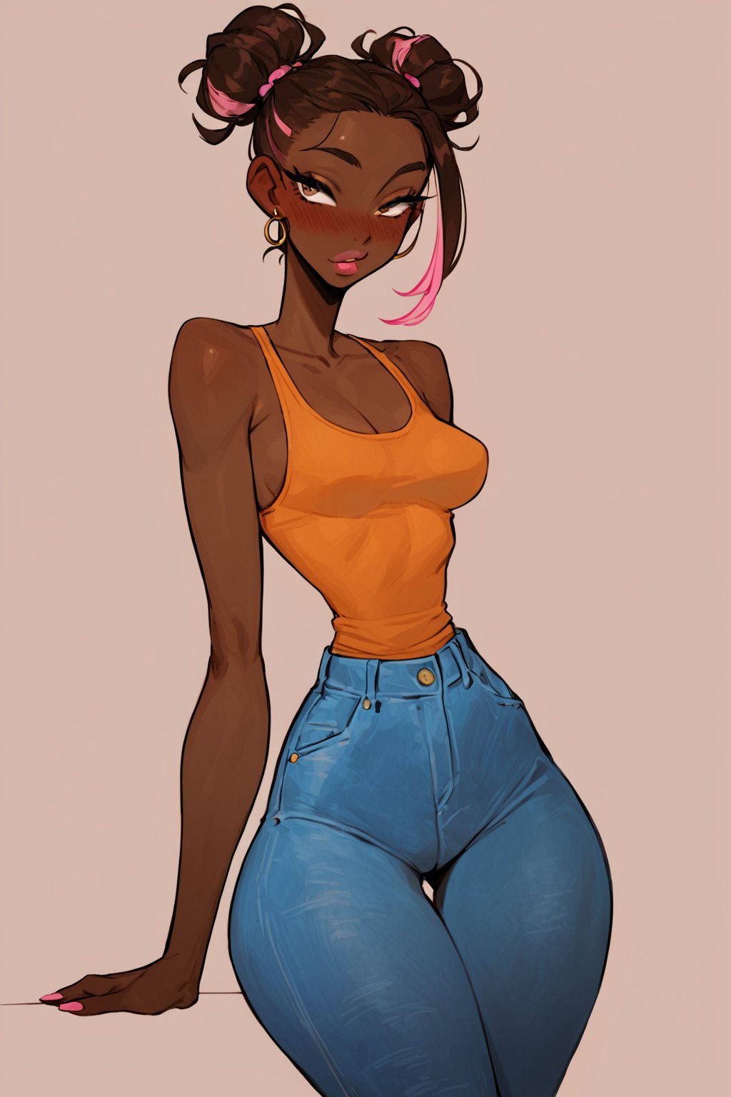 Prompt: score_9, source_anime, score_8_up, score_7_up, 1girl (brown skin), jeans, tank top, long brown hair with pink highlights, simple background, slender physique, thick thighs, slim eyes, eyelashes, blush, intricate details, thigh up image,