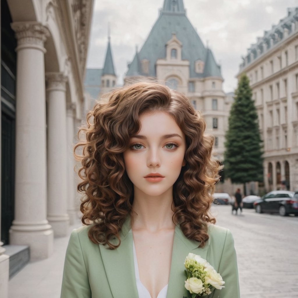 (girl with curly brown hair, light green eyes, half of which is brown and green), (waiting behind a boy in a suit and a bouquet of flowers) outside a luxurious building, 
