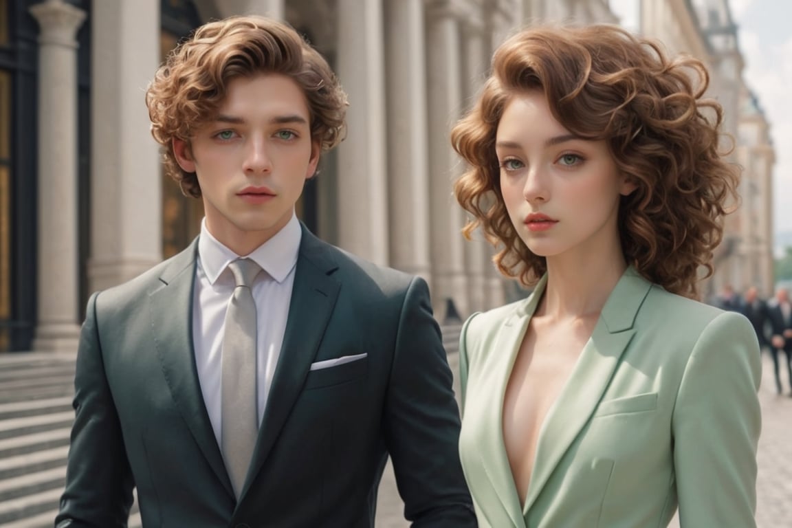 Cinematic still, romantic comedy,FULL-BODY SHOT,girl with curly brown hair, light green eyes, half of which is brown and green, outside a luxurious building, waiting behind a boy in a suit and a bouquet of flowers,8k masterpiece, perfect lighting, stunning details, shadow play, detailed hues, motion blur
