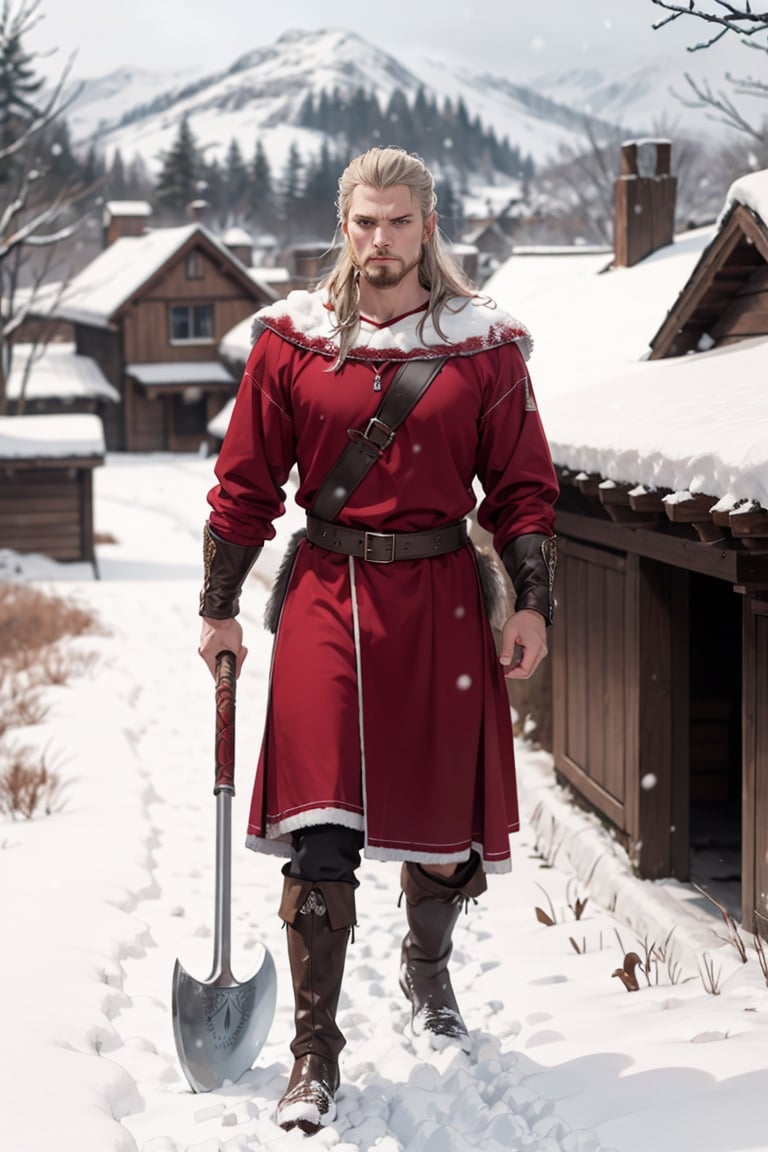 Fashion Show, style by Grimdark,a viking gripping his battle axe , a snowy villagebehind him ,cold,snowing